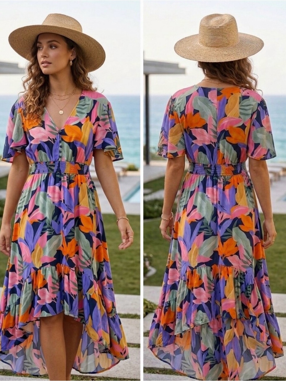 ANTHROPOLOGIE Women’s Midi Maxi Dress Hi-Low Floral Romantic Resort Size Large